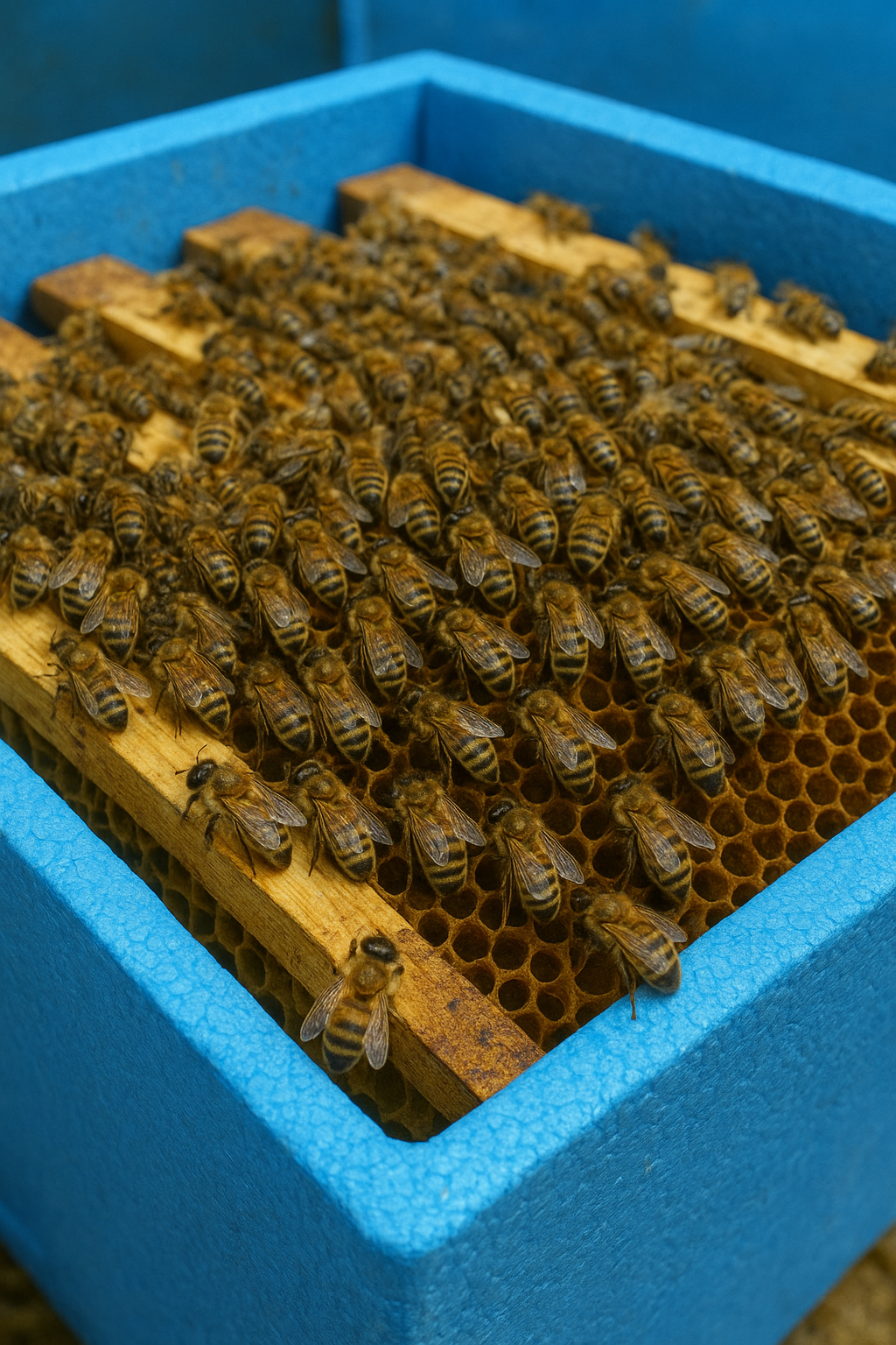 Essaim hiverné dans ruchette polystyrène